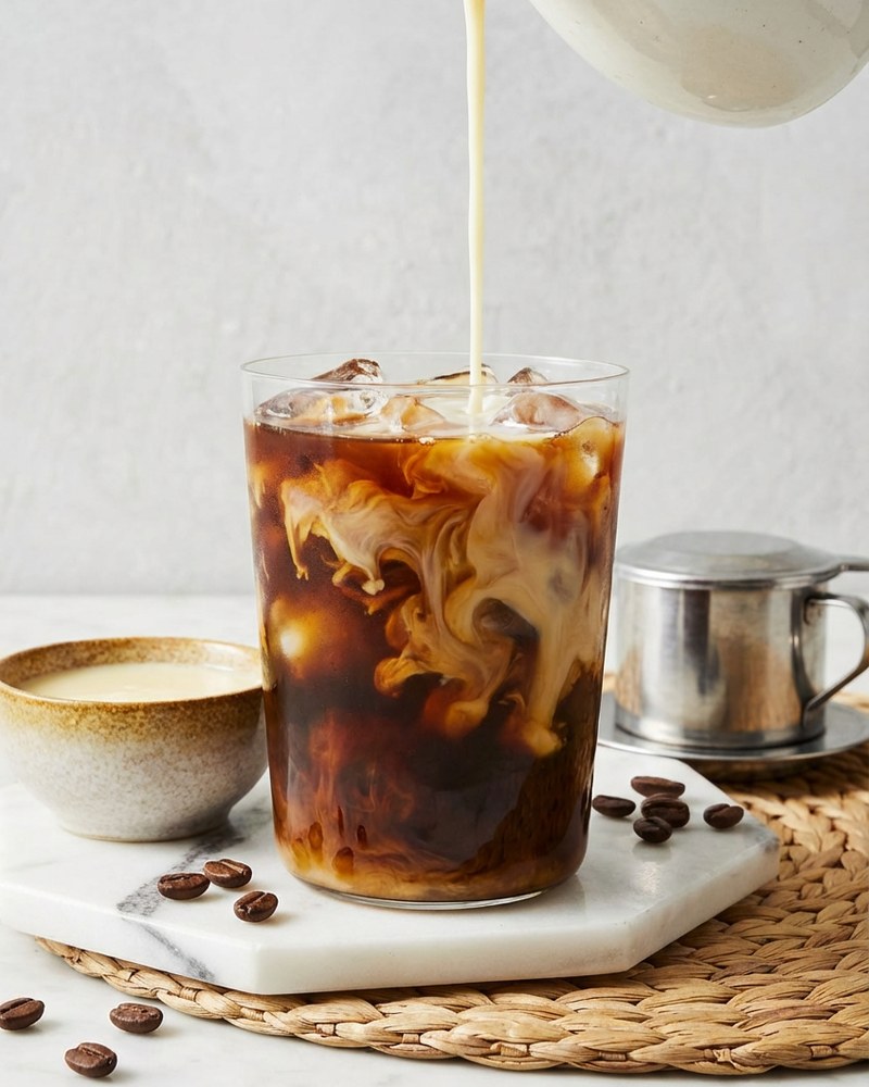 Cà phê sữa đá glacé, lait concentré versé sur le café vietnamien