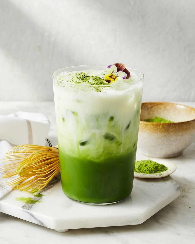Matcha latté glacé LAM avec fleur comestible