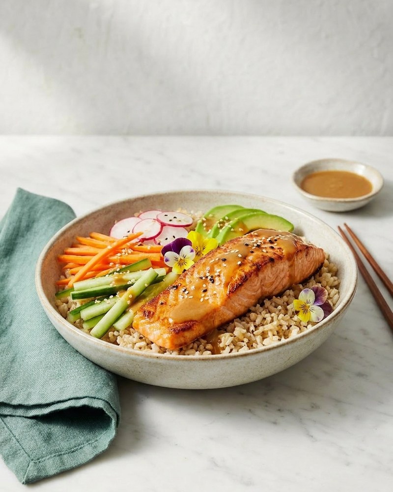 Bowl Saumon Miso LAM, riz brun, avocat, radis et légumes croquants